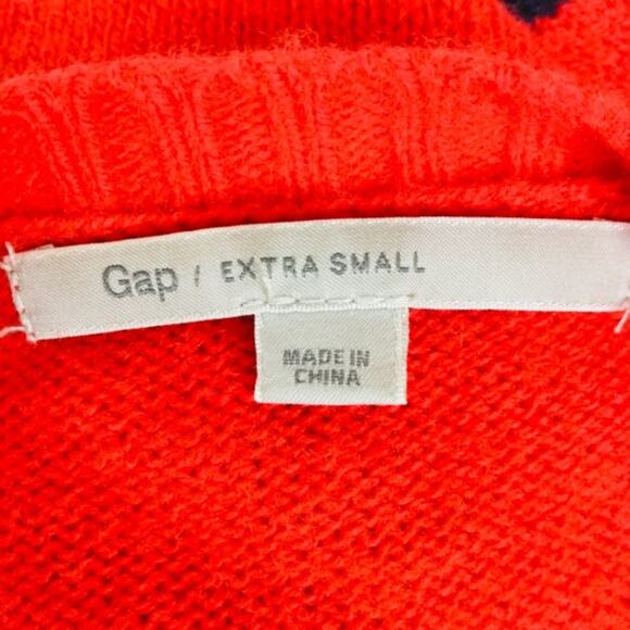 Gap V-neck Red Sweater Navy Blue Polka Dots Wool Blend Size XS - Picture 5 of 6